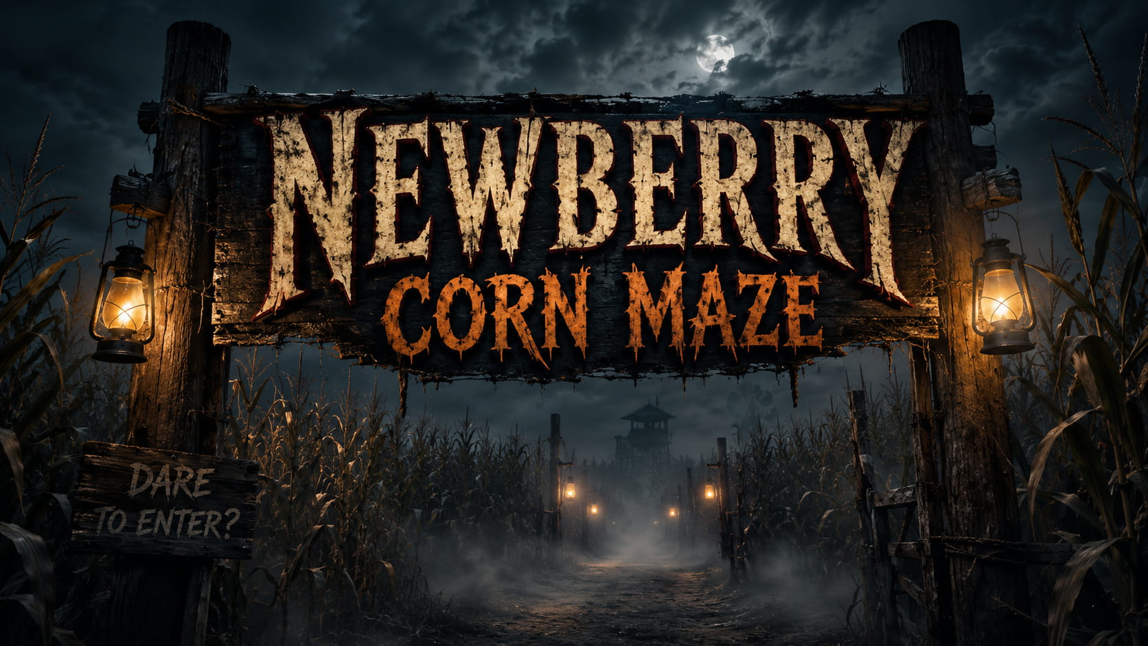 Newberry Corn Maze entrance at night