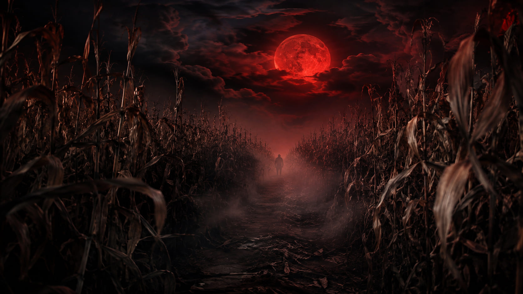 Dark corn maze path beneath a red moon